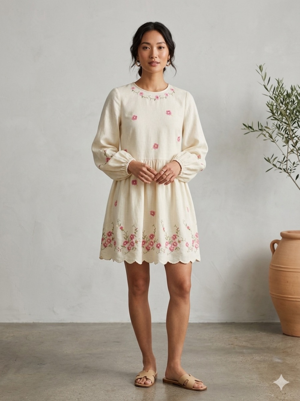 Caroline Constas Embroidered Linen Mini Dress Cream Pink Floral Size S